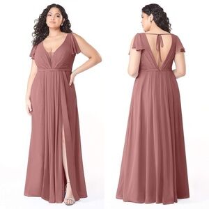 NWT Azazie Reverie Flowy V-Neck Ruched Chiffon Long Dress Desert Rose